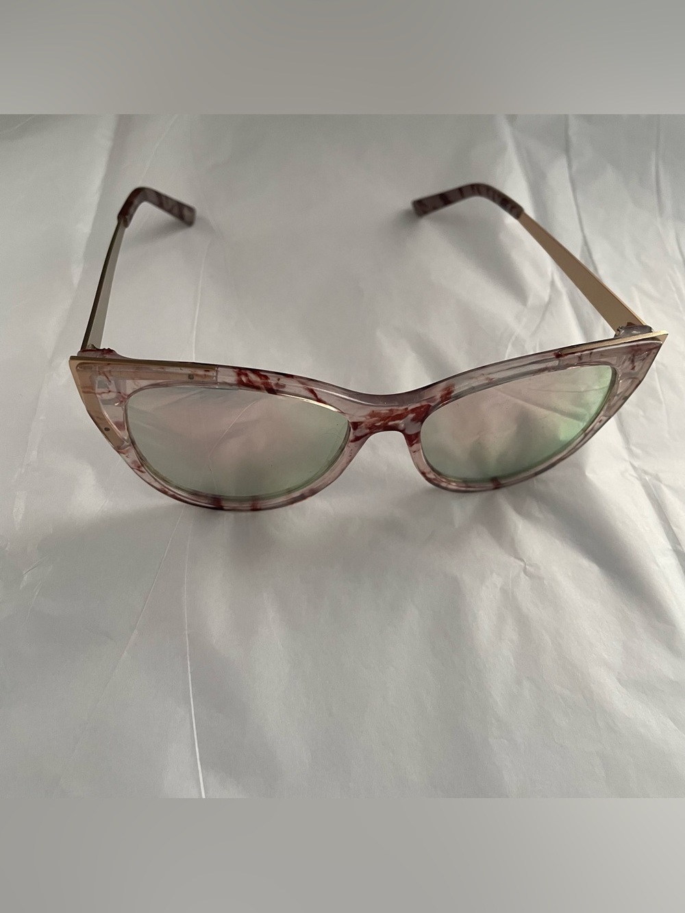 Betsey Johnson Cat Eye Sunglasses Clear Brown Marble with Mirror Lenses - Picture 7 of 9